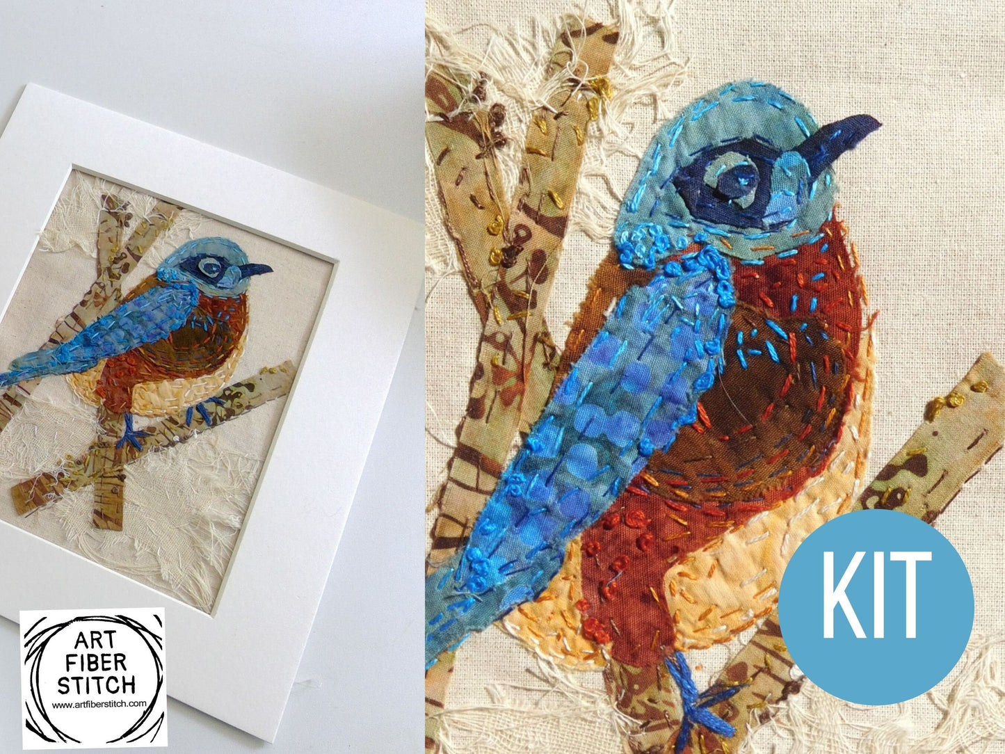 Bluebird Slow Stitching Kit, Beginners Embroidery, easy sewing project, Fabric Collage, Mindful Craft, Stitch Therapy