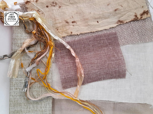 Earthy Fabric Collage, Slow Stitching Kit,  Textile Craft, Beginners Embroidery, easy sewing project, Junk Journal, Fabric Journal, Scraps