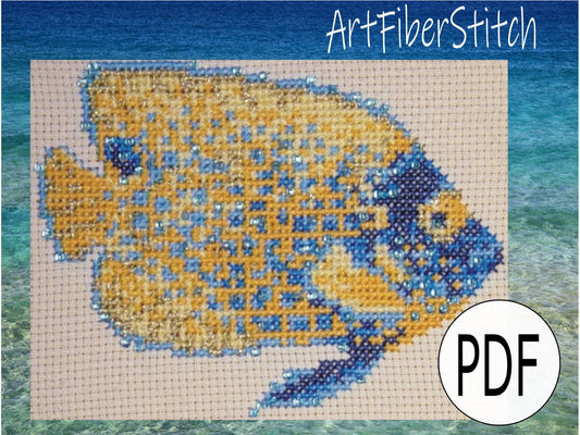 Yellow faced Angelfish Cross Stitch Pattern PDF,  X Stitch Instant Download, embroidery tutorial, Embellished x-stitch sampler Tropical fish