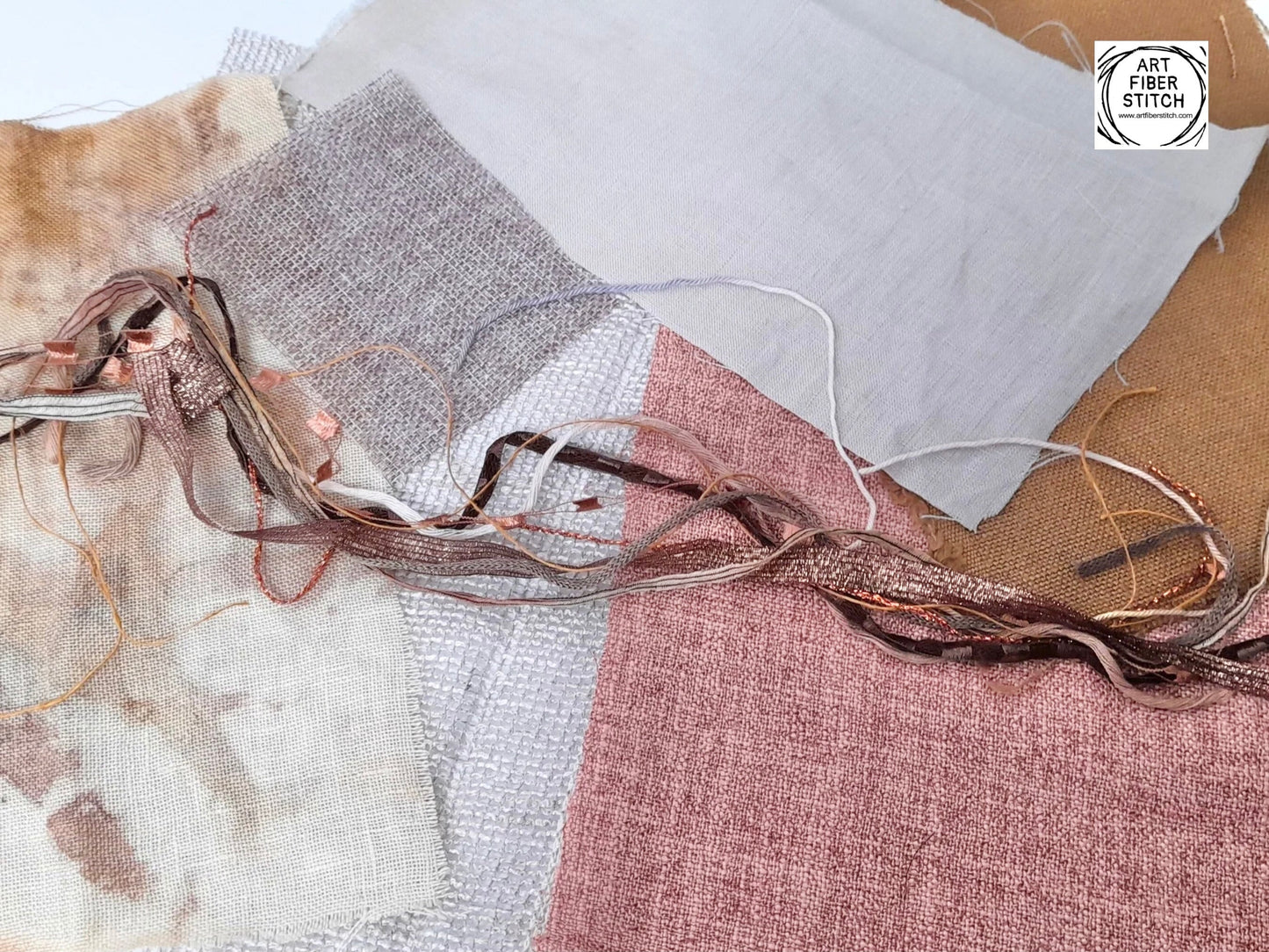 Earthy Fabric Collage, Slow Stitching Kit,  Textile Craft, Beginners Embroidery, easy sewing project, Junk Journal, Fabric Journal, Scraps