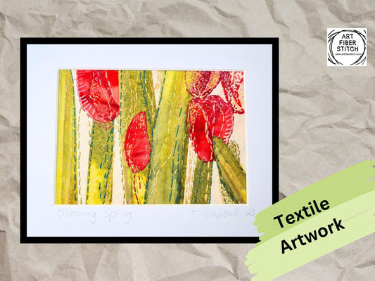 Blooming Spring - Original Artwork Textile Art Fabric Art Slow Stitch Embroidery Finished Picture of Tulip Flowers in rich colour.