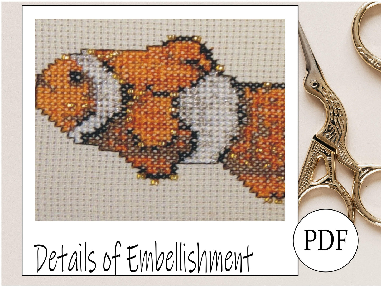 Clownfish Cross Stitch Pattern PDF,  X Stitch pattern Instant Download, embroidery tutorial, Embellished x-stitch sampler Tropical fish PDF