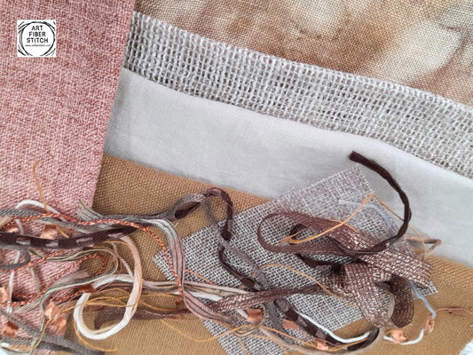 Earthy Fabric Collage, Slow Stitching Kit,  Textile Craft, Beginners Embroidery, easy sewing project, Junk Journal, Fabric Journal, Scraps