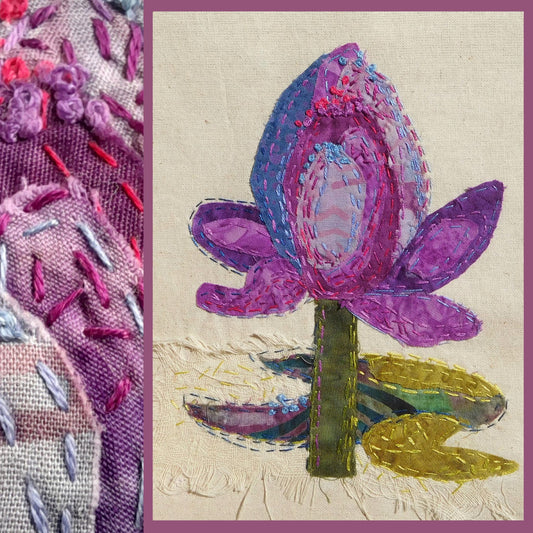 Lotus Slow Stitching Kit, Beginners Embroidery, easy sewing project, Fabric Collage, Mindful Craft, Stitch Therapy