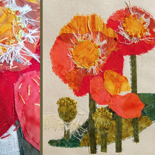 Poppies Slow Stitching Kit, Beginners Embroidery, easy sewing project, Fabric Collage, Mindful Craft, Stitch Therapy