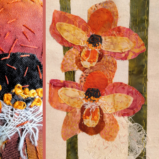 Orchids Slow Stitching Kit, Beginners Embroidery, easy sewing project, Fabric Collage, Mindful Craft, Stitch Therapy