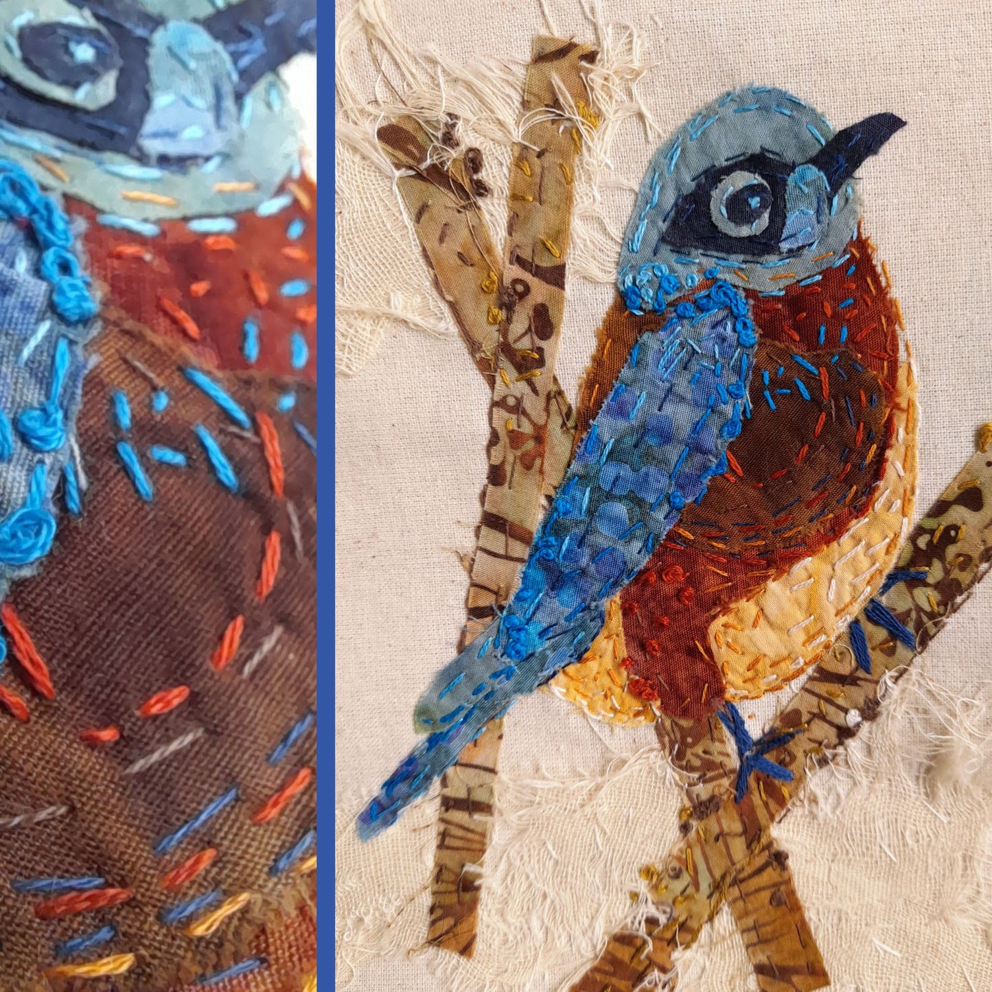 Bluebird Slow Stitching Kit, Beginners Embroidery, easy sewing project, Fabric Collage, Mindful Craft, Stitch Therapy