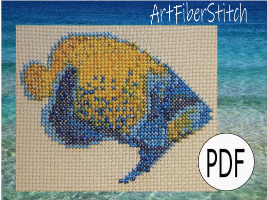 Blue Girdled Angel Fish Cross Stitch Pattern PDF,  X Stitch pattern Instant Download, embroidery tutorial, Embellished x-stitch sampler PDF