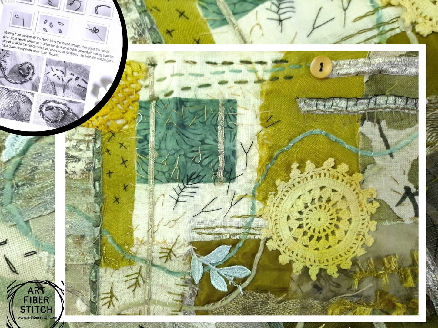 Fabric Collage, Slow Stitching Kit,  Textile Craft, Beginners Embroidery, easy sewing project, Junk Journal, Fabric Journal, Scraps