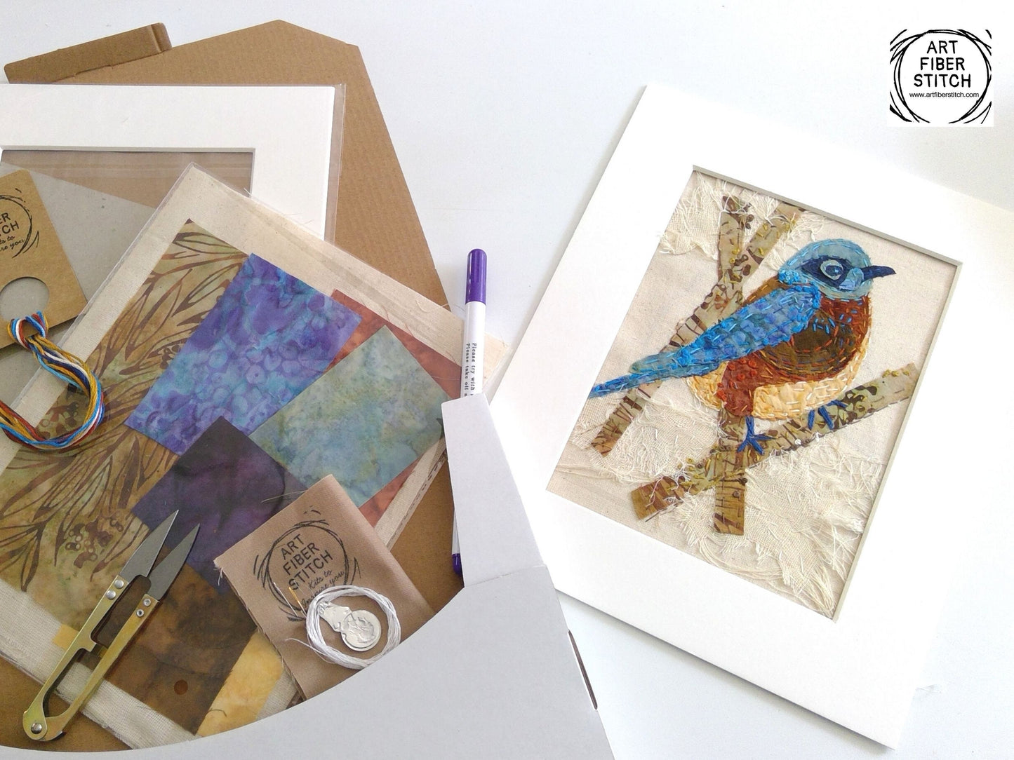 Bluebird Slow Stitching Kit, Beginners Embroidery, easy sewing project, Fabric Collage, Mindful Craft, Stitch Therapy