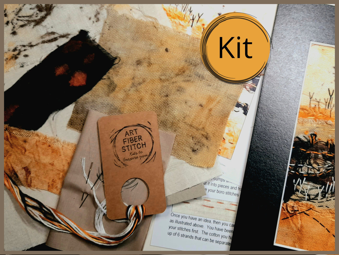 Eco printed fabric embroidery kit, hand dyed linen, fabric manipulation, Easy Sewing Project Textile Art Creative Mindful Stitch Therapy kit