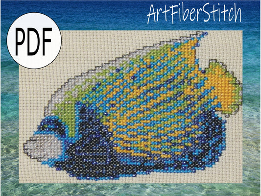 Emporer Angelfish Cross Stitch Pattern PDF,  X Stitch pattern Download, embroidery tutorial, Embellished x-stitch sampler Tropical fish PDF