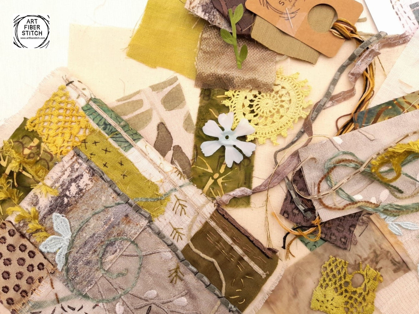 Fabric Collage, Slow Stitching Kit,  Textile Craft, Beginners Embroidery, easy sewing project, Junk Journal, Fabric Journal, Scraps
