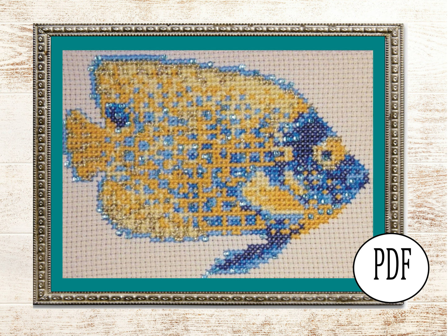 Yellow faced Angelfish Cross Stitch Pattern PDF,  X Stitch Instant Download, embroidery tutorial, Embellished x-stitch sampler Tropical fish