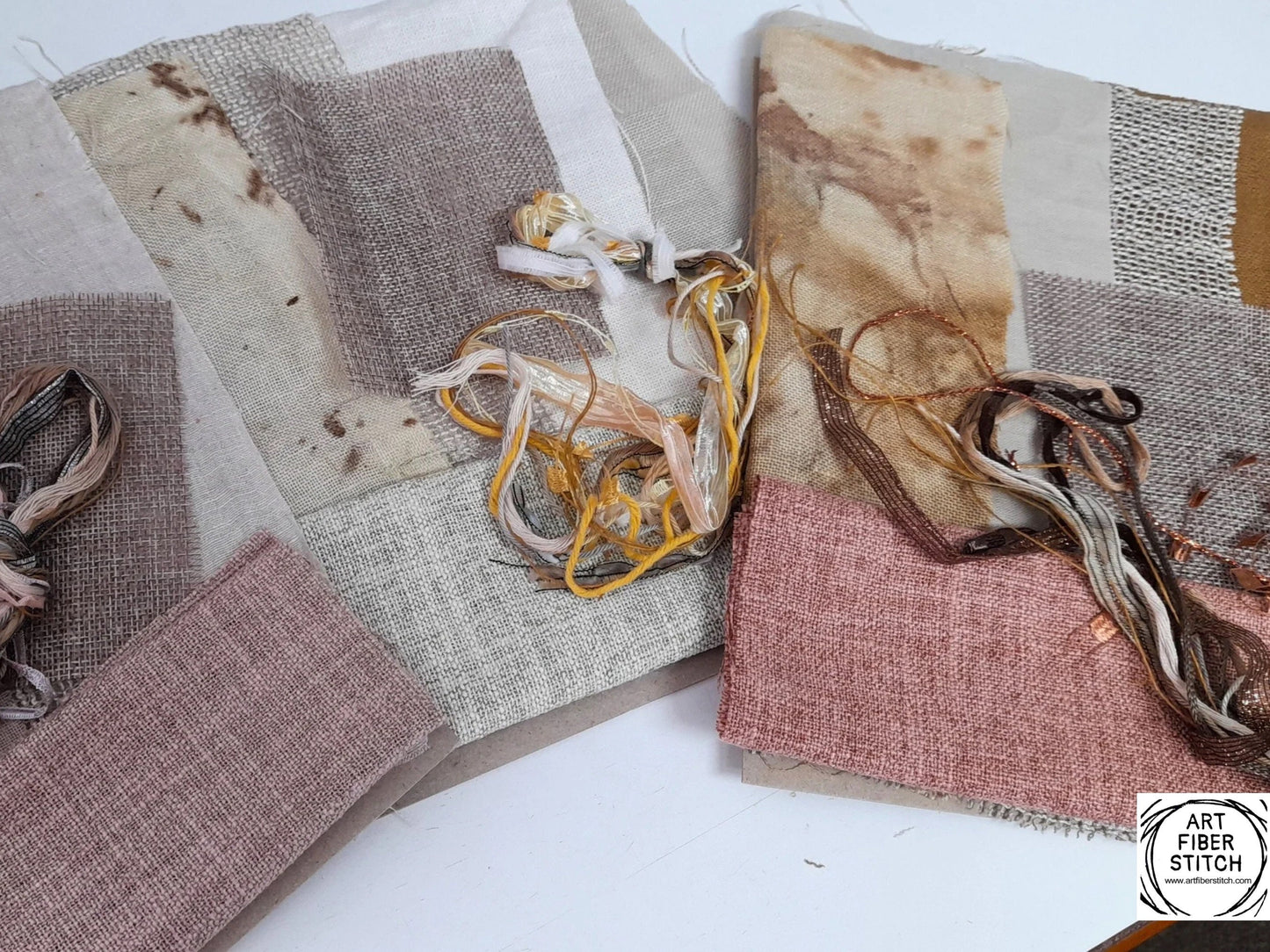 Earthy Fabric Collage, Slow Stitching Kit,  Textile Craft, Beginners Embroidery, easy sewing project, Junk Journal, Fabric Journal, Scraps