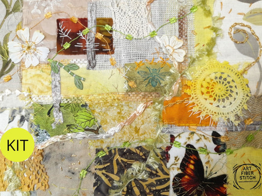 Yellow Fabric Collage, Slow Stitching Kit,  Textile Craft, Beginners Embroidery, easy sewing project, Junk Journal, Fabric Journal, Scraps