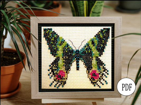 Madagascan Sunset Moth Cross Stitch Pattern PDF, X Stitch pattern Instant Download, Insect embroidery tutorial, Embellished x-stitch PDF