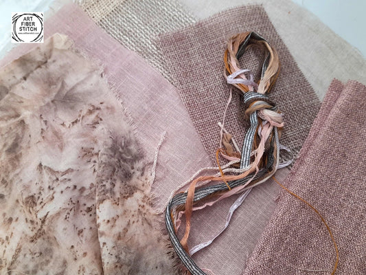 Earthy Fabric Collage, Slow Stitching Kit,  Textile Craft, Beginners Embroidery, easy sewing project, Junk Journal, Fabric Journal, Scraps
