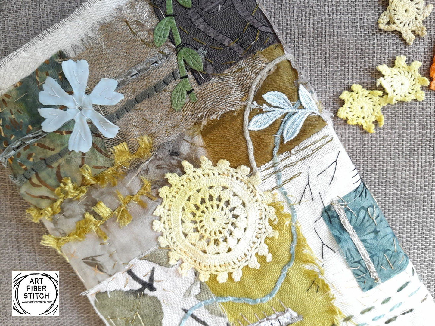 Fabric Collage, Slow Stitching Kit,  Textile Craft, Beginners Embroidery, easy sewing project, Junk Journal, Fabric Journal, Scraps